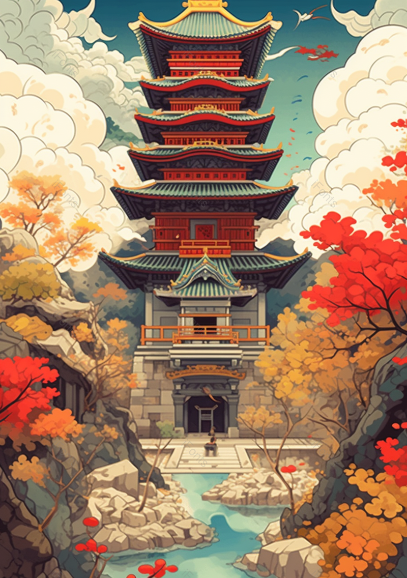 高山流水间的名胜古迹岳阳楼插画,插画/手绘图,插画/手绘图库,插画/手绘图下载,插画/手绘